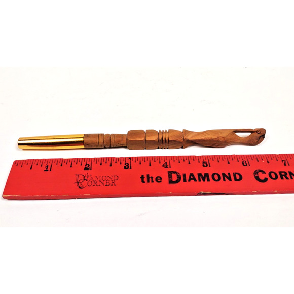 Vintage Hand Carved Wood Pen Bird Totem Gold Brass Cap 6 3/4" Ink Pen Insert - Picture 4 of 5